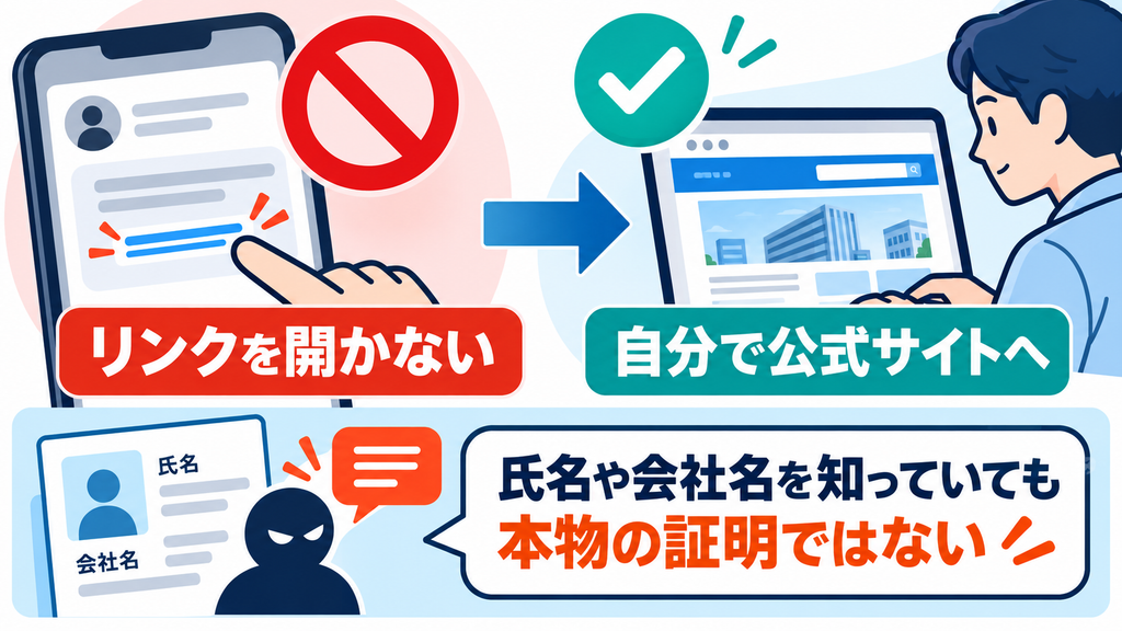 不審な連絡のリンクを開かず自分で公式サイトを開くこと、氏名や会社名を知っていても正規の連絡の証明にはならないことを示す図。