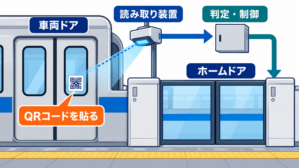 車両ドアのQRコードをホーム上の読み取り装置が判定し、ホームドアを制御する仕組み図