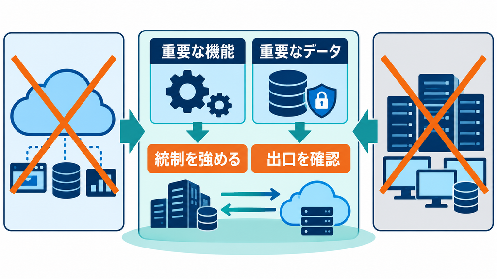 クラウド利用か全面的な自社保有かの二択を避け、重要な機能とデータには統制を強め、外部に委ねる領域では出口を確認する考え方を示した図