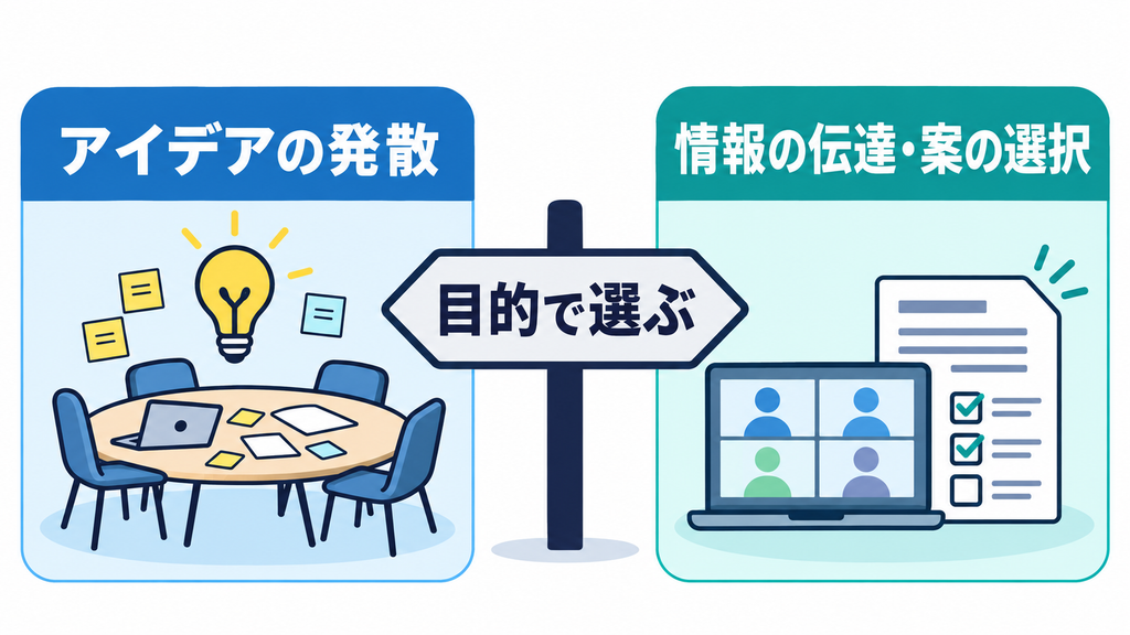 アイデアの発散と情報の伝達・案の選択を対比し、会議の形式を目的で選ぶ考え方を示す図