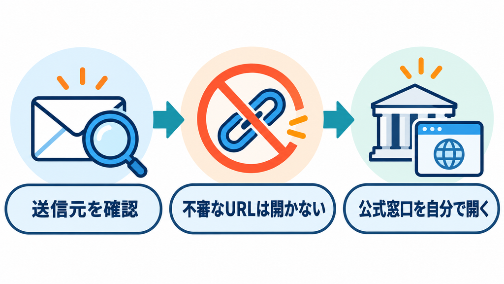 送信元を確認し、不審なURLを開かず、公式窓口を自分で開く手順図