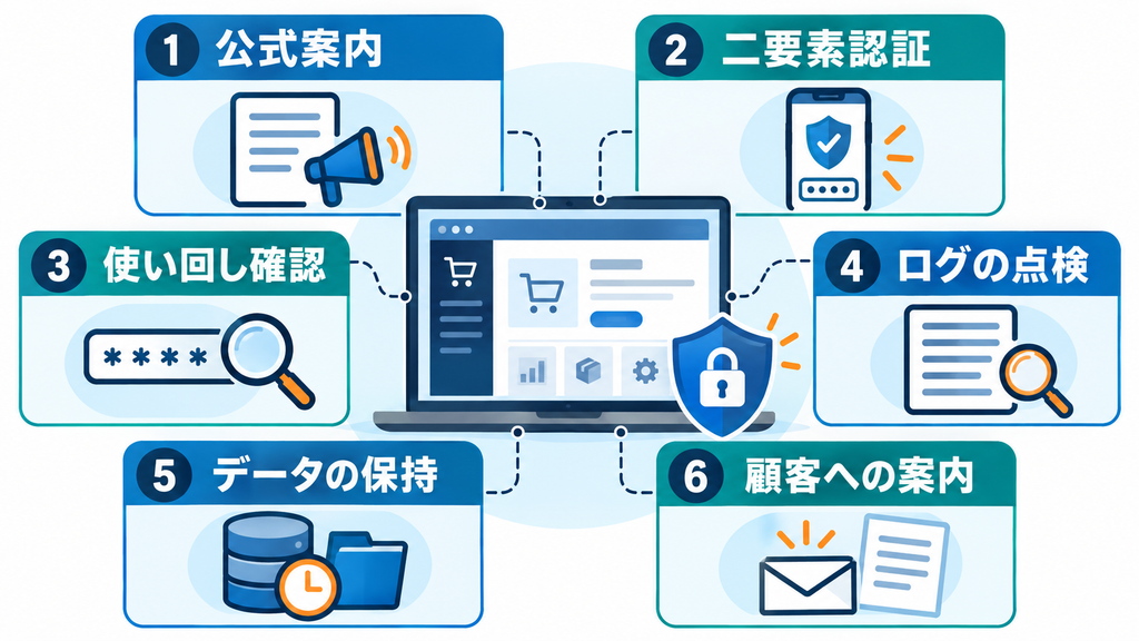 店舗運営者が確認する公式案内、二要素認証、使い回し確認、ログ点検、データ保持、顧客への案内の6項目を、管理画面を中心に示す図。