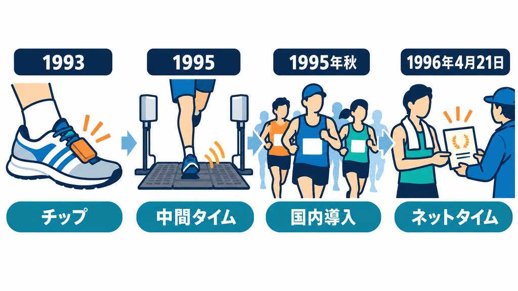 1993年のチップから1996年4月21日のネットタイム計測までを示すマラソン計測の年表