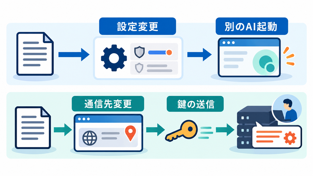 上段に設定変更から別のAI起動、下段に通信先変更からログインの鍵の送信へ進む二つの実験経路