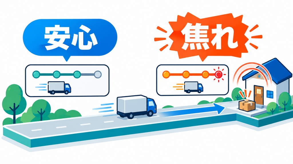配送の進捗が見えることで安心と焦れの両方が生まれる流れを示す図