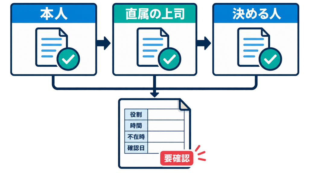 本人、直属の上司、決める人の順に役割と時間を確認する図