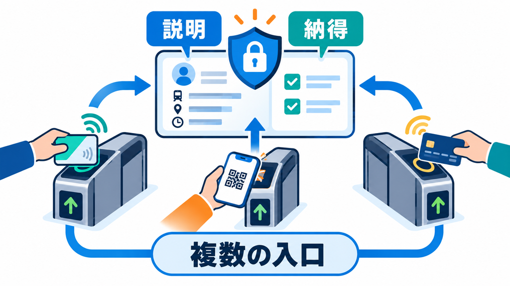 利用記録の説明と納得を中心に、カード、QRコード、タッチ決済の複数の入口を示す図