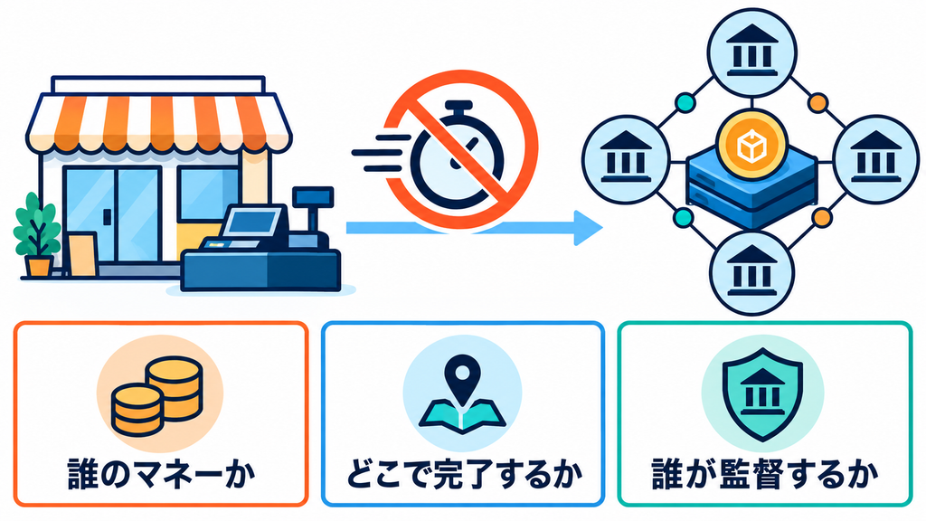 誰のマネーか、どこで完了するか、誰が監督するかという評価の問いを示す図