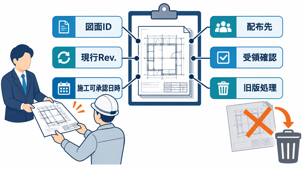図面ID、現行Rev.、施工可承認日時、配布先、受領確認、旧版処理を記録し、図面の配布と差し替えを追跡する台帳を示した図