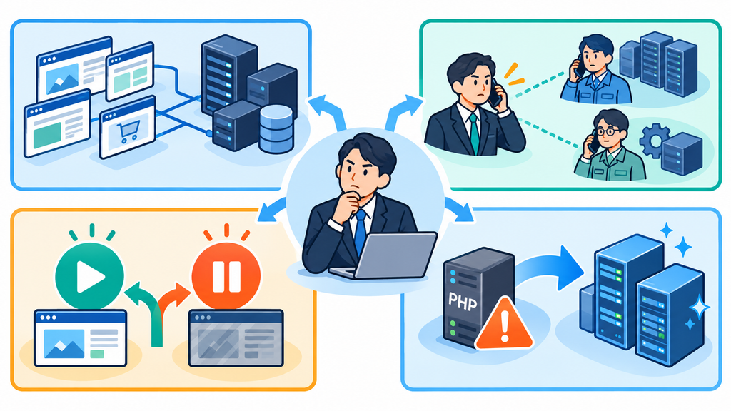 企業担当者を中心に、PHP利用システムの棚卸し、連絡体制、サービス停止の判断、古い版からの移行を整理した図