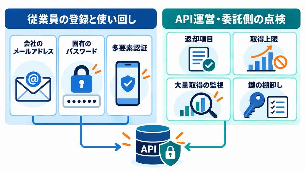 会社メールアドレス、固有パスワード、多要素認証による従業員対策と、APIの返却項目、取得上限、大量取得の監視、鍵の棚卸しを示す図。