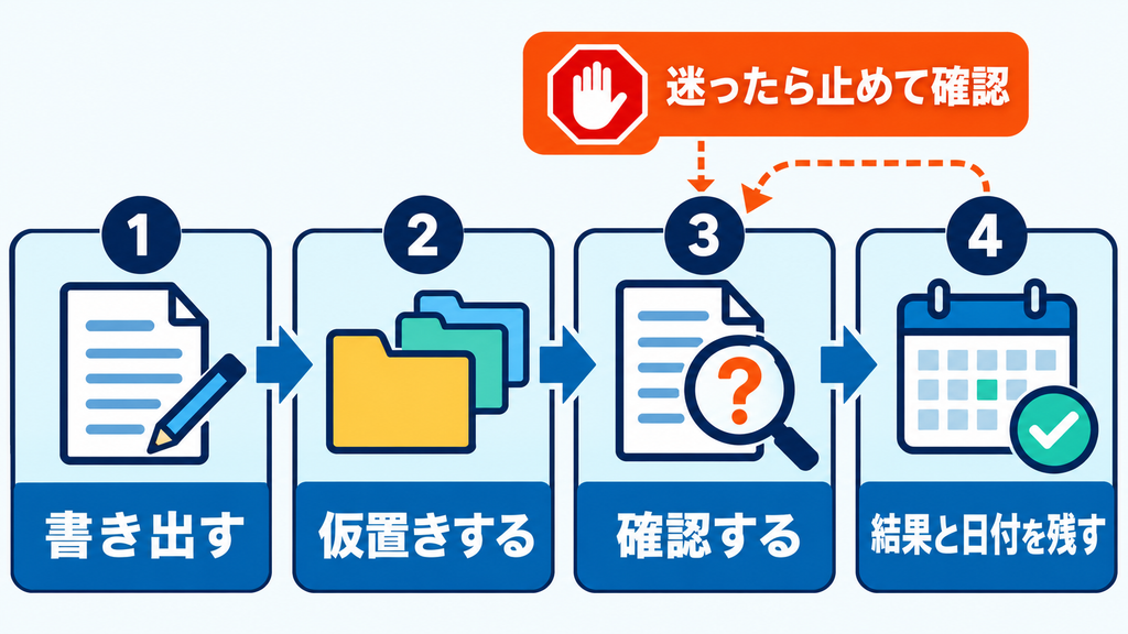 決めごとを書き出し、区分を仮置きし、経営者へ確認して、結果と日付を残す1週間の流れを示す図。