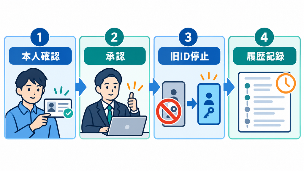 本人確認、承認、旧ID停止、履歴記録の順に再発行を管理する図