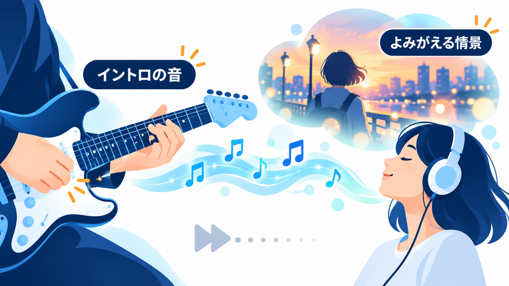 ギターのイントロを聴いた人に、曲と結びついた過去の情景がよみがえるイメージ図