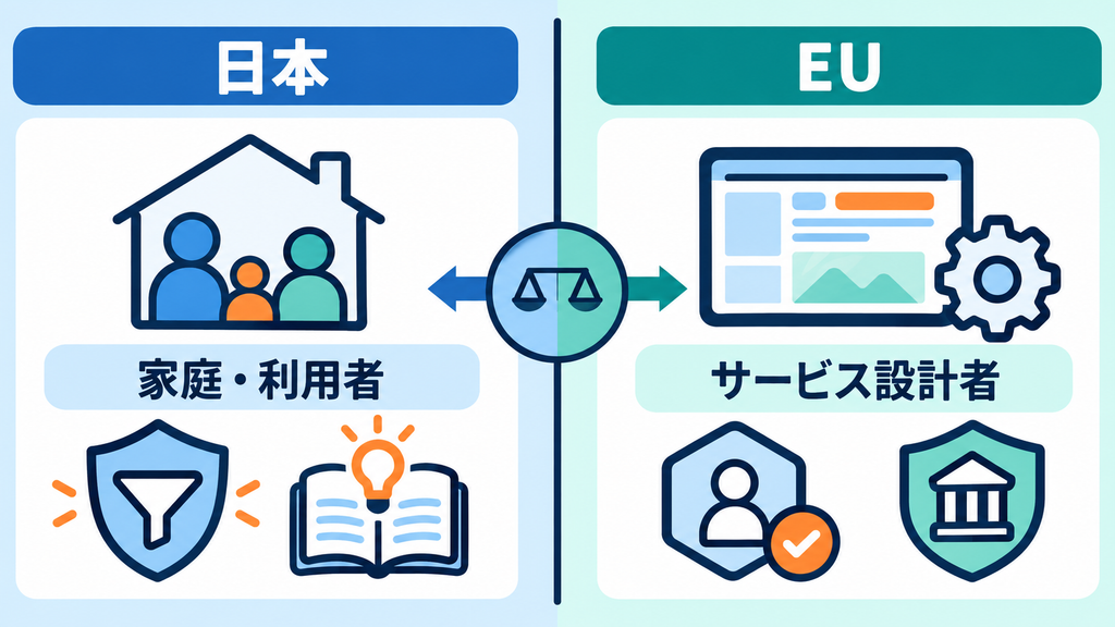日本では家庭・利用者、EUではサービス設計者に安全を担う重心を置く構造を対比した図