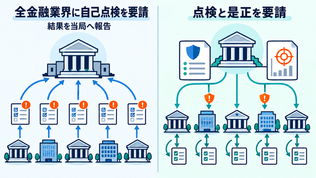韓国は全金融業界に自己点検を要請し結果の当局報告を求め、日本は確認した公開資料の範囲で点検と是正を求める対応の比較