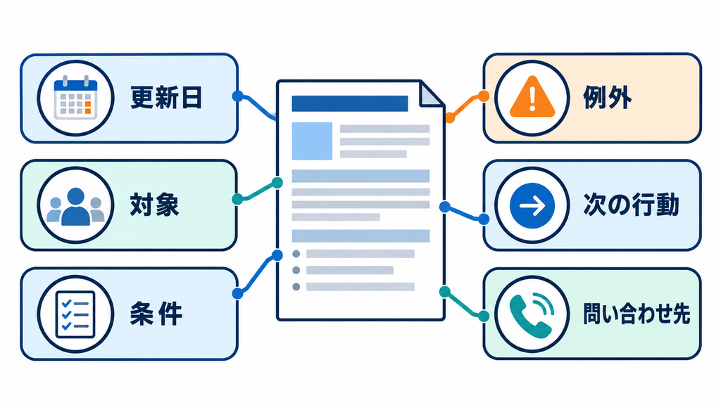 更新日や対象と条件および例外と問い合わせ先を備えた公式情報の構成