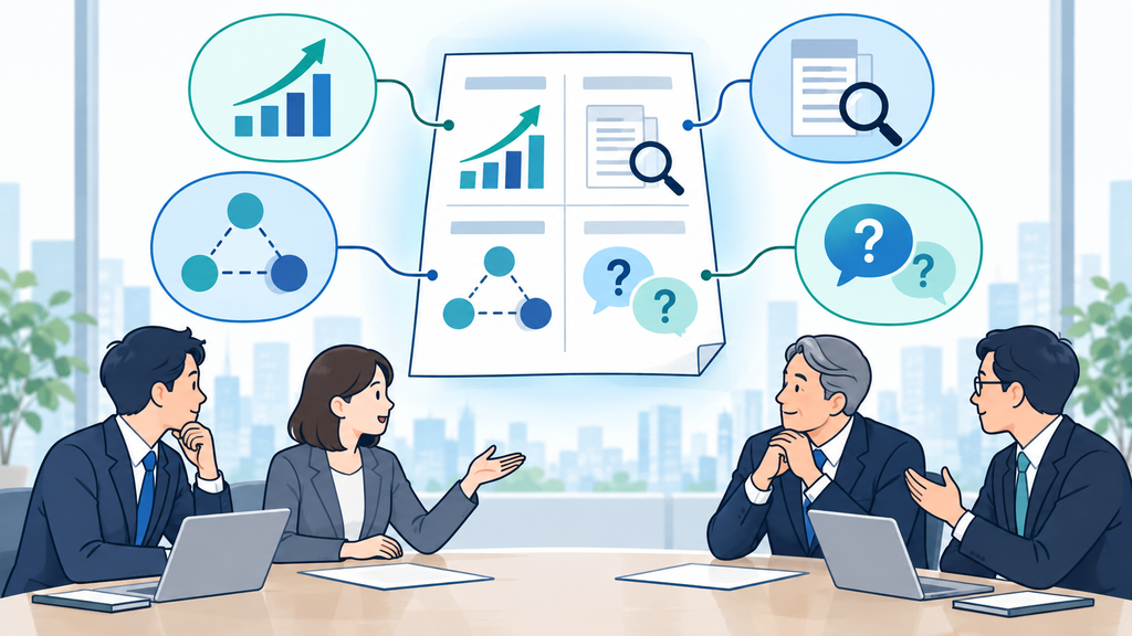 改善内容、根拠、接続の仮説、確認したい問いを1枚の用紙へ整理し、経営者との対話につなげる場面を示す図