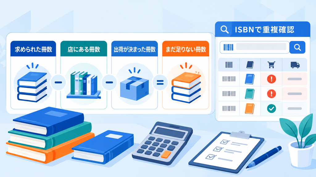 求められた冊数から店にある冊数と出荷が決まった冊数を引いて不足冊数を求め、ISBNで重複を確認する図
