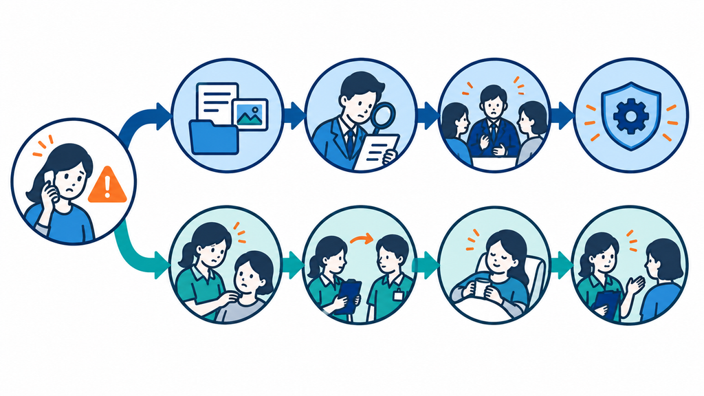受付から事実確認と対外対応、従業員保護の二つの流れを並行して進める図