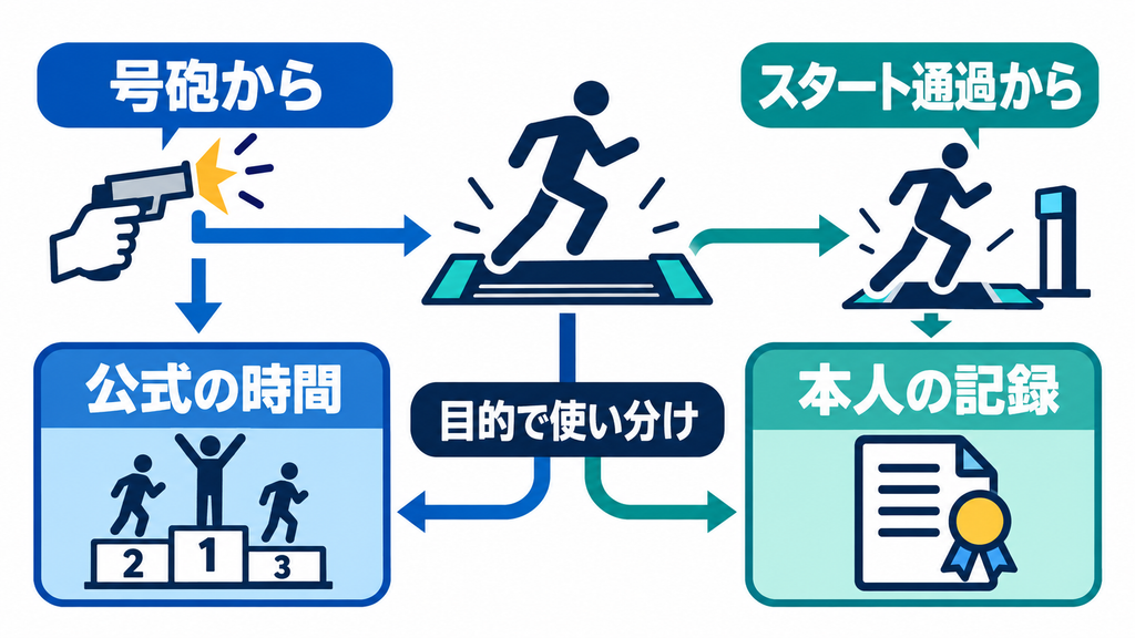 号砲からの公式の時間とスタート通過からの本人の記録を目的で使い分ける図
