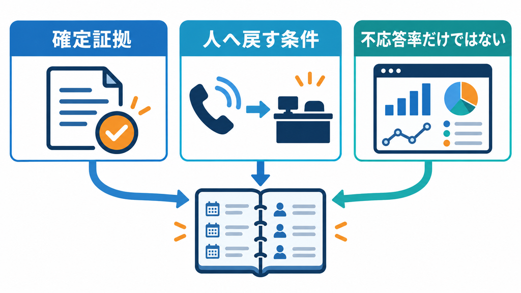 予約の確定証拠、人へ戻す条件、不応答率だけに頼らない指標を、予約の管理台帳へ結び付ける設計を示した図