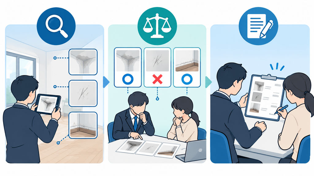 現況の確認、負担の判断、見積への同意を別々の記録として順に扱う関係を示す図
