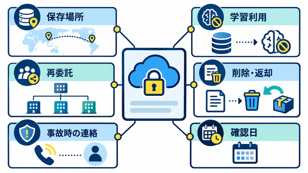 保存場所や学習利用と再委託を確認するAIサービスの点検項目