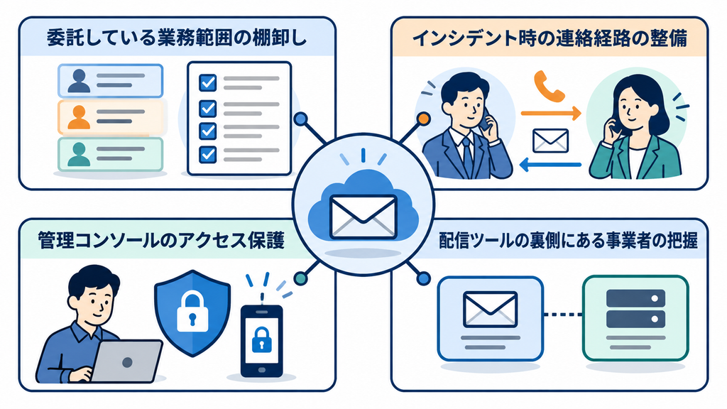 メール配信の委託先について預ける情報、事故時の連絡経路、管理画面の保護、配信事業者を点検する図
