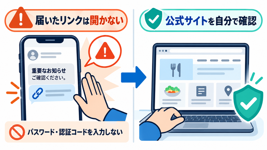 届いた連絡のリンクを開かず、公式サイトを自分で開いて確認する安全な手順を示す図解