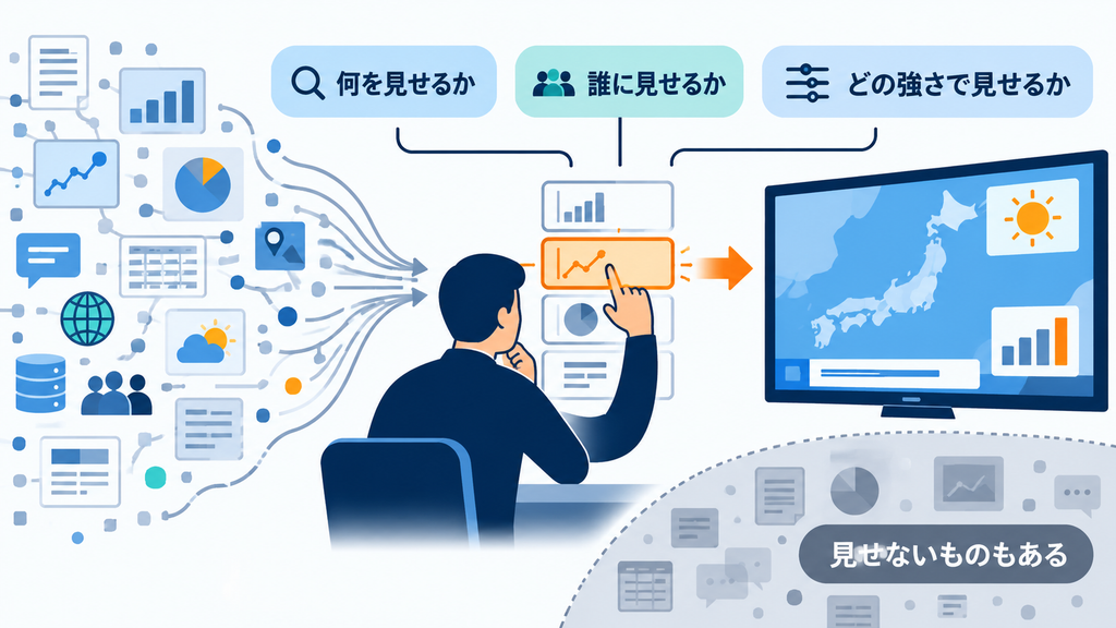 多くのデータから、何を誰にどの強さで見せるかを選び、見せないものも残ることを示す図。