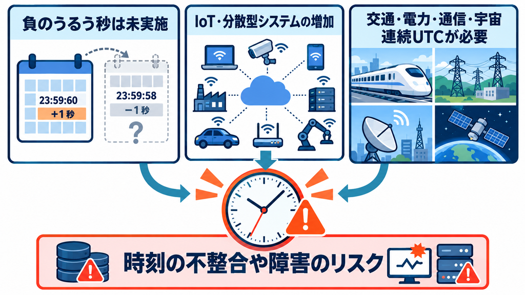 未実施の負のうるう秒、IoTと分散型システムの増加、重要インフラでの連続UTCの必要性から時刻不整合のリスクを示す図