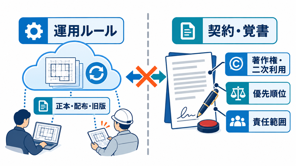 正本・配布・旧版を扱う運用ルールと、著作権・二次利用、優先順位、責任範囲を定める契約・覚書が別の取り決めであることを示した図