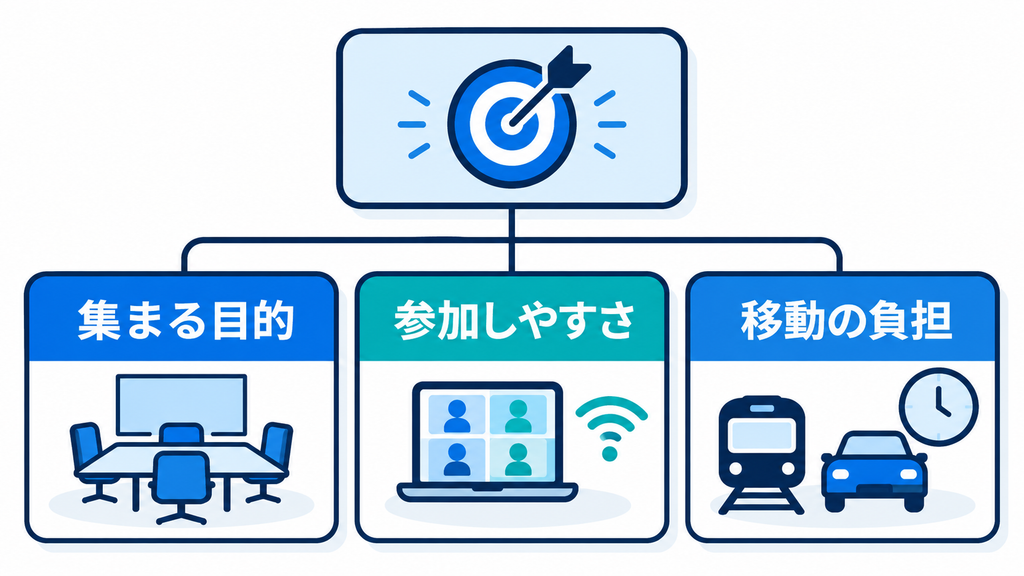 会議の形を集まる目的、参加しやすさ、移動の負担の三つの観点で設計する考え方を示す図