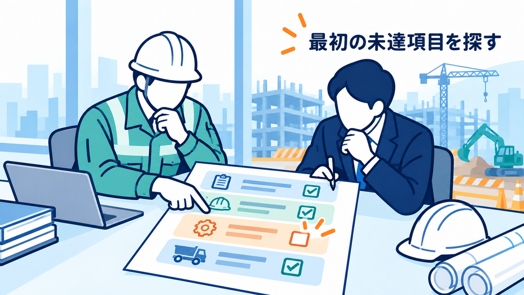 直近1工事のチェックシートを現場と本社が確認し、最初の未達項目を見つける様子