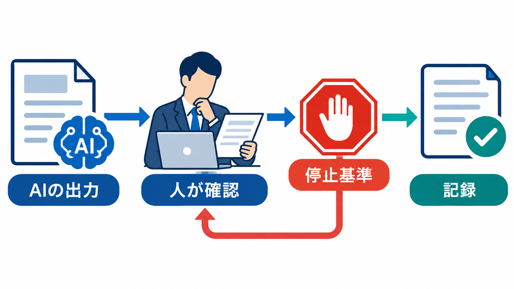 AIの出力を人が確認して記録し停止基準で拡大を制御する流れ