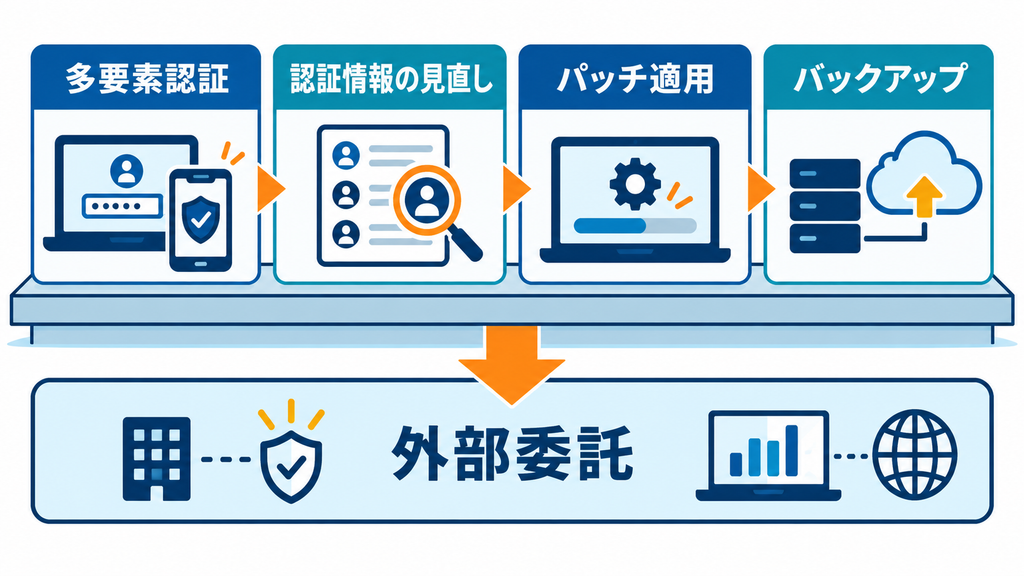 多要素認証、認証情報の見直し、パッチ適用、バックアップという基礎対策の上に、常時運用が難しい部分を外部委託で補う流れを示した図