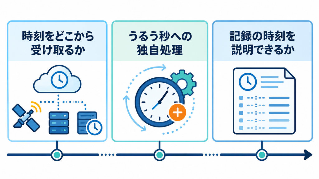 時刻の取得元、うるう秒への独自処理、記録の時刻を説明できるかを確認する企業向け点検図