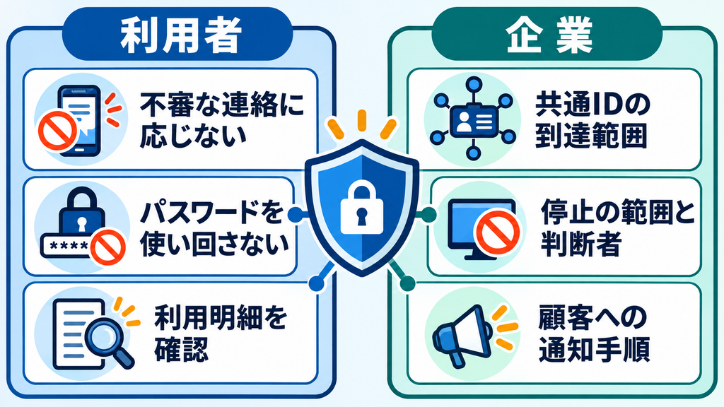 利用者の基本対策と企業が点検する共通ID、停止範囲、通知手順を並べた図