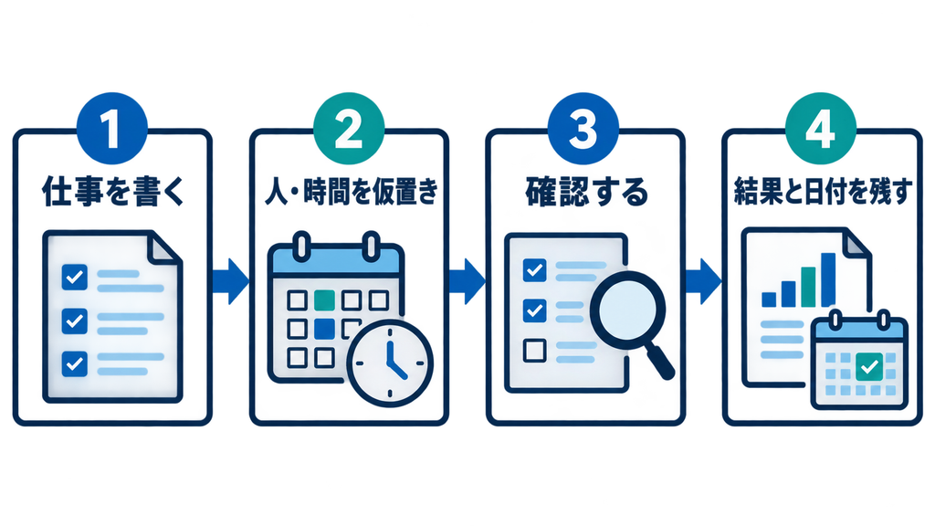 必要な仕事を書き出して確認結果を残す4段階の行動図