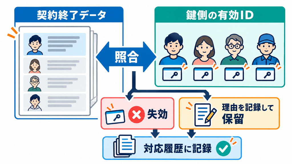 契約終了データと鍵側の有効IDを照合し、失効か理由を記録した保留へ分ける図